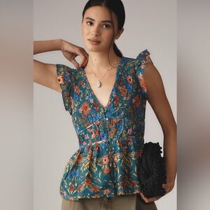 Floral V-Neck Smocked Top - Green and Orange